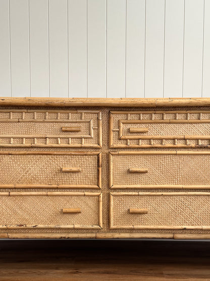 Vintage Woven Rattan Six-Drawer Dresser