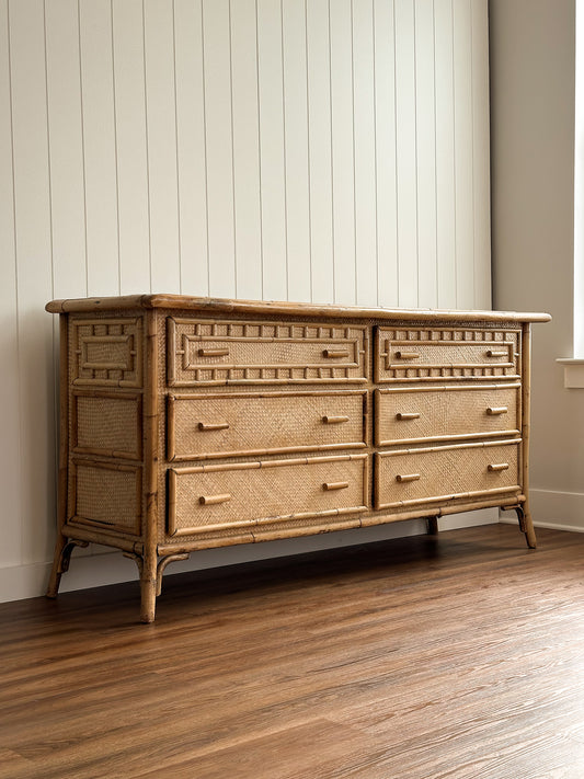 Vintage Coastal Woven Rattan Six-Drawer Dresser