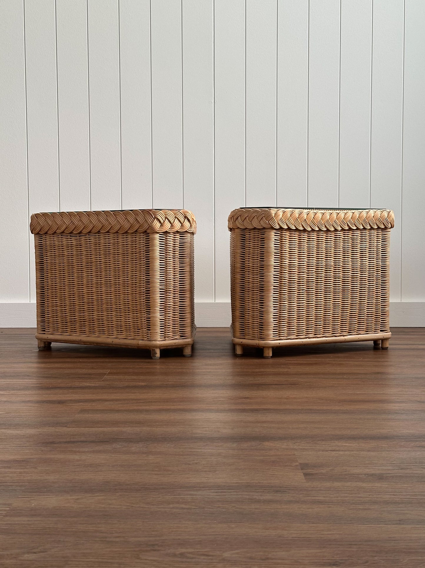 Vintage Brown Jordan Braided Wicker Side Tables, Pair