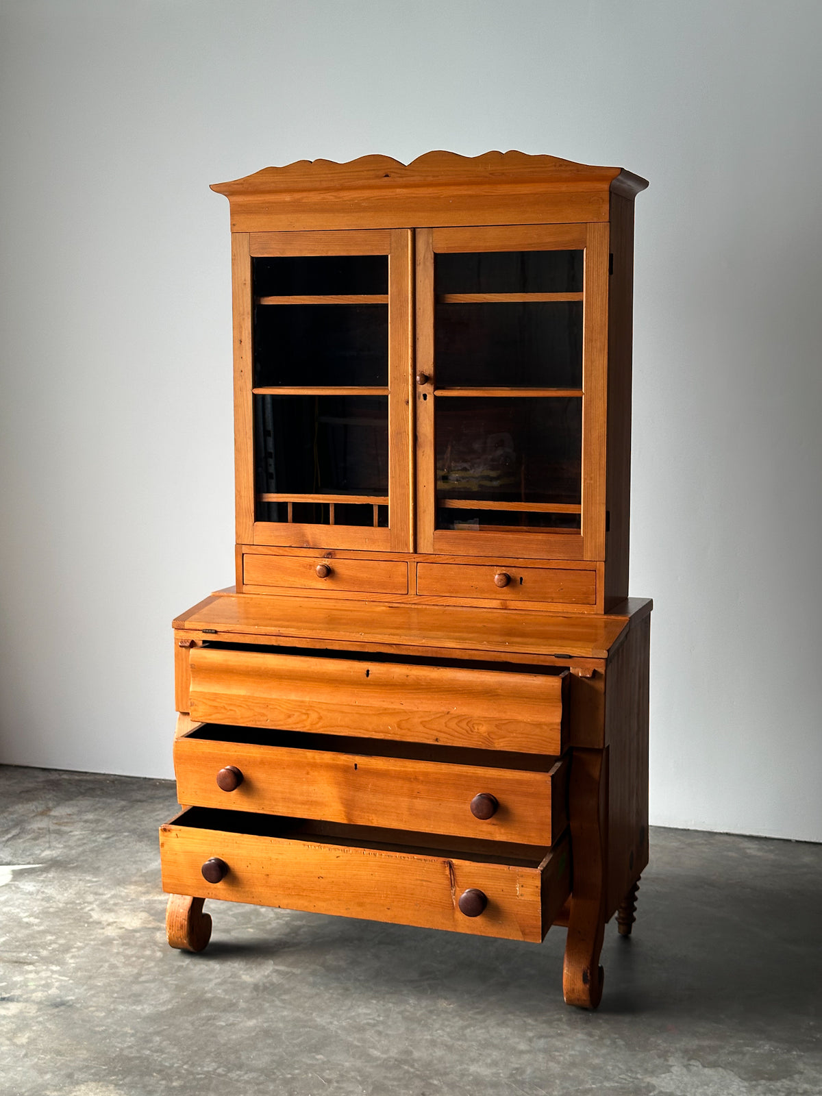Pine Fall-Front Secretary Desk with Glass-Front Bookcase, Circa 1840s