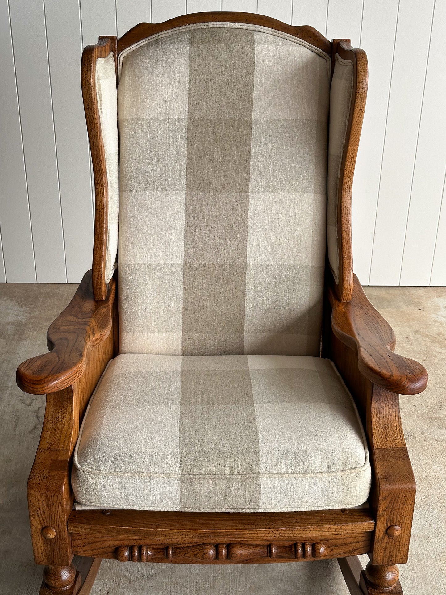 Studio Craft Oak Wingback Rocking Chair With Carved Rail, C. 1970s