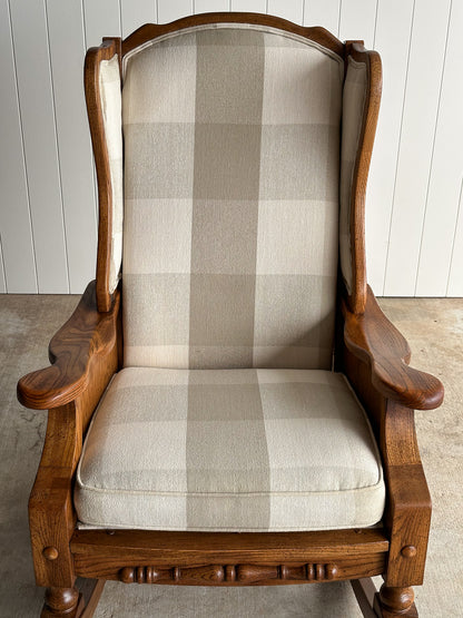 Studio Craft Oak Wingback Rocking Chair With Carved Rail, C. 1970s