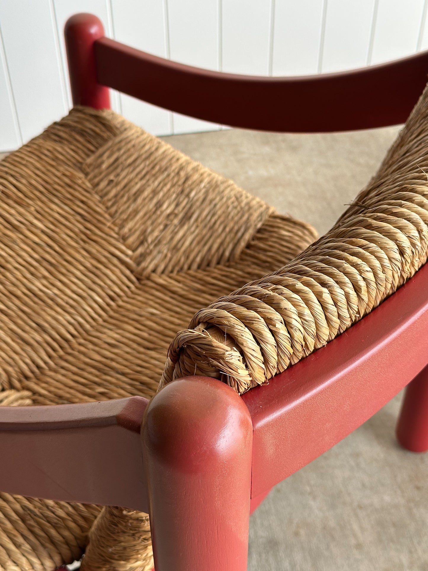 Pair of Vintage Red Lacquered Rush Lounge Chairs, Attributed to Vico Magistretti