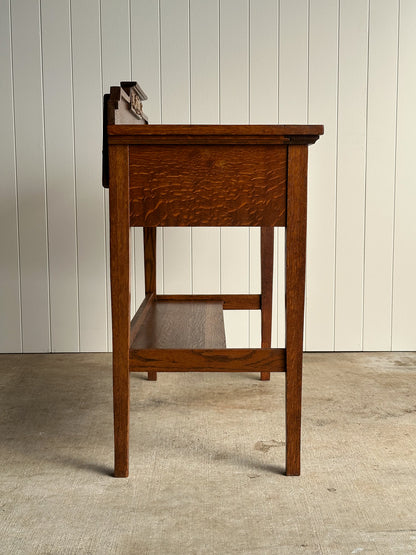 Antique Quarter Sawn Oak Console Table with Carved Gallery Back
