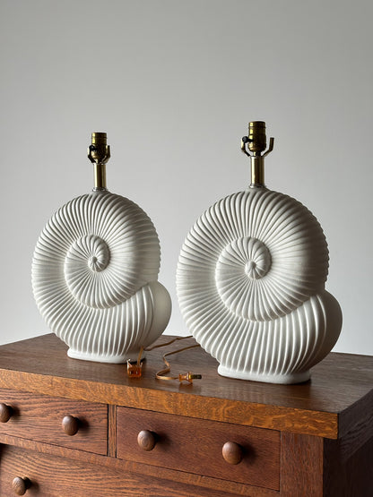 Vintage Plaster Nautilus Table Lamps, Pair