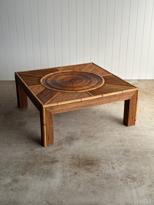 Vintage Monumental Rattan Sunburst Coffee Table, C. 1970s