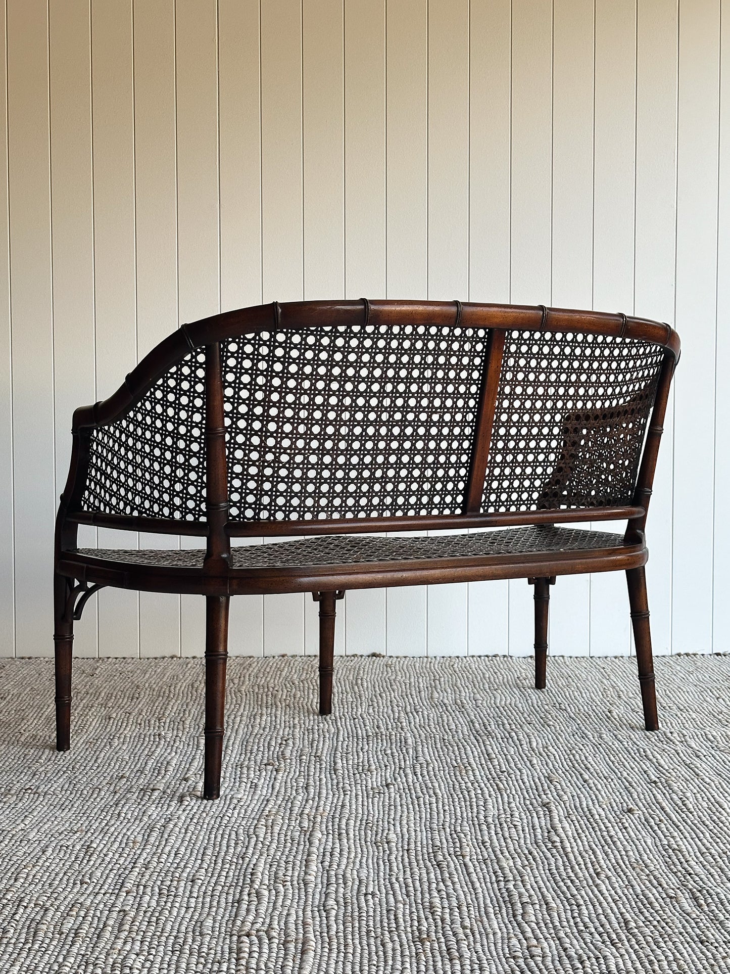 Vintage Faux Bamboo Caned Settee Bench, c. 1970s