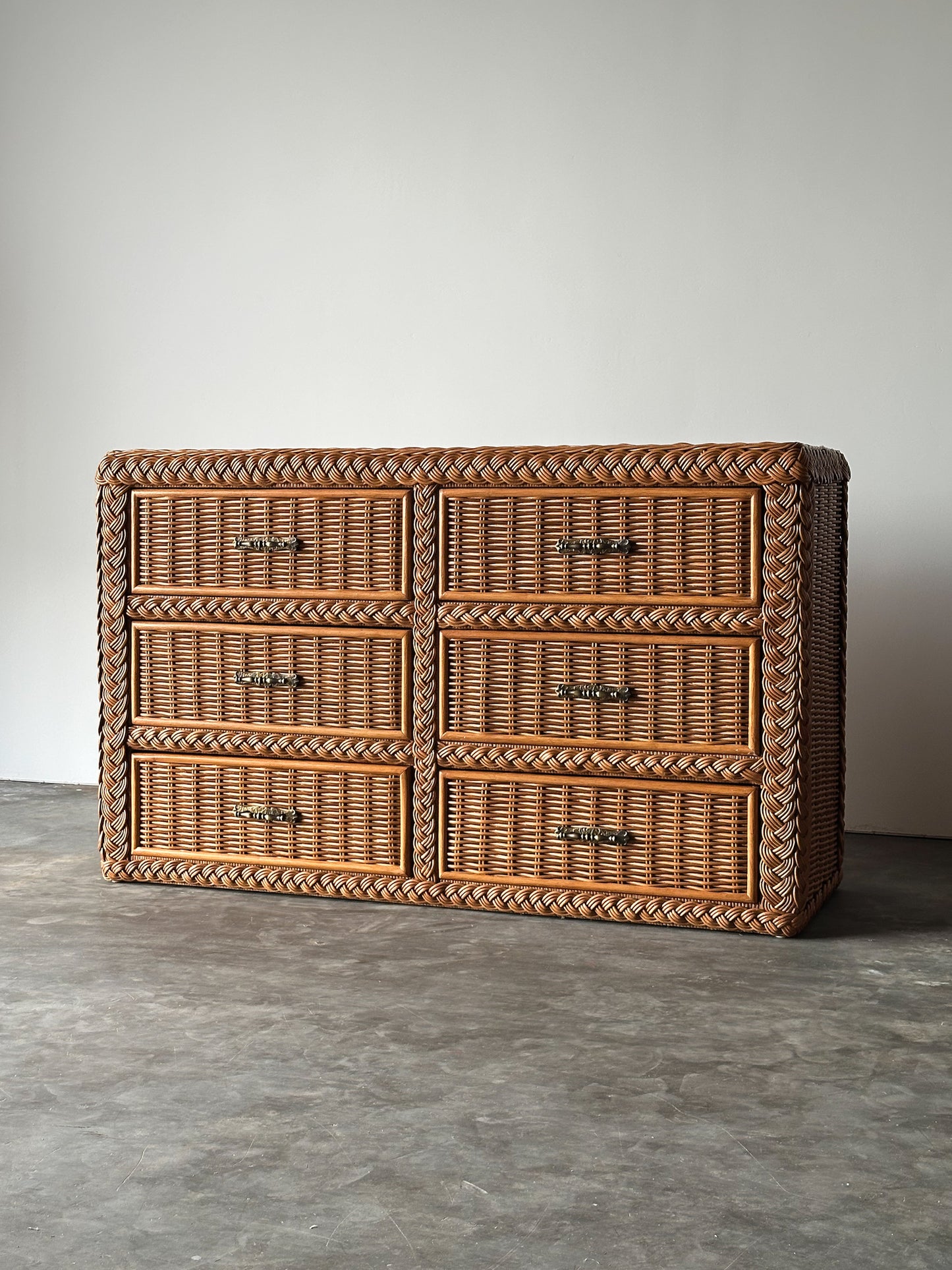 Vintage Woven Wicker Six-Drawer Dresser