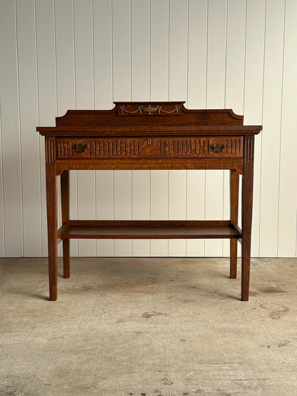 Antique Quarter Sawn Oak Console Table with Carved Gallery Back