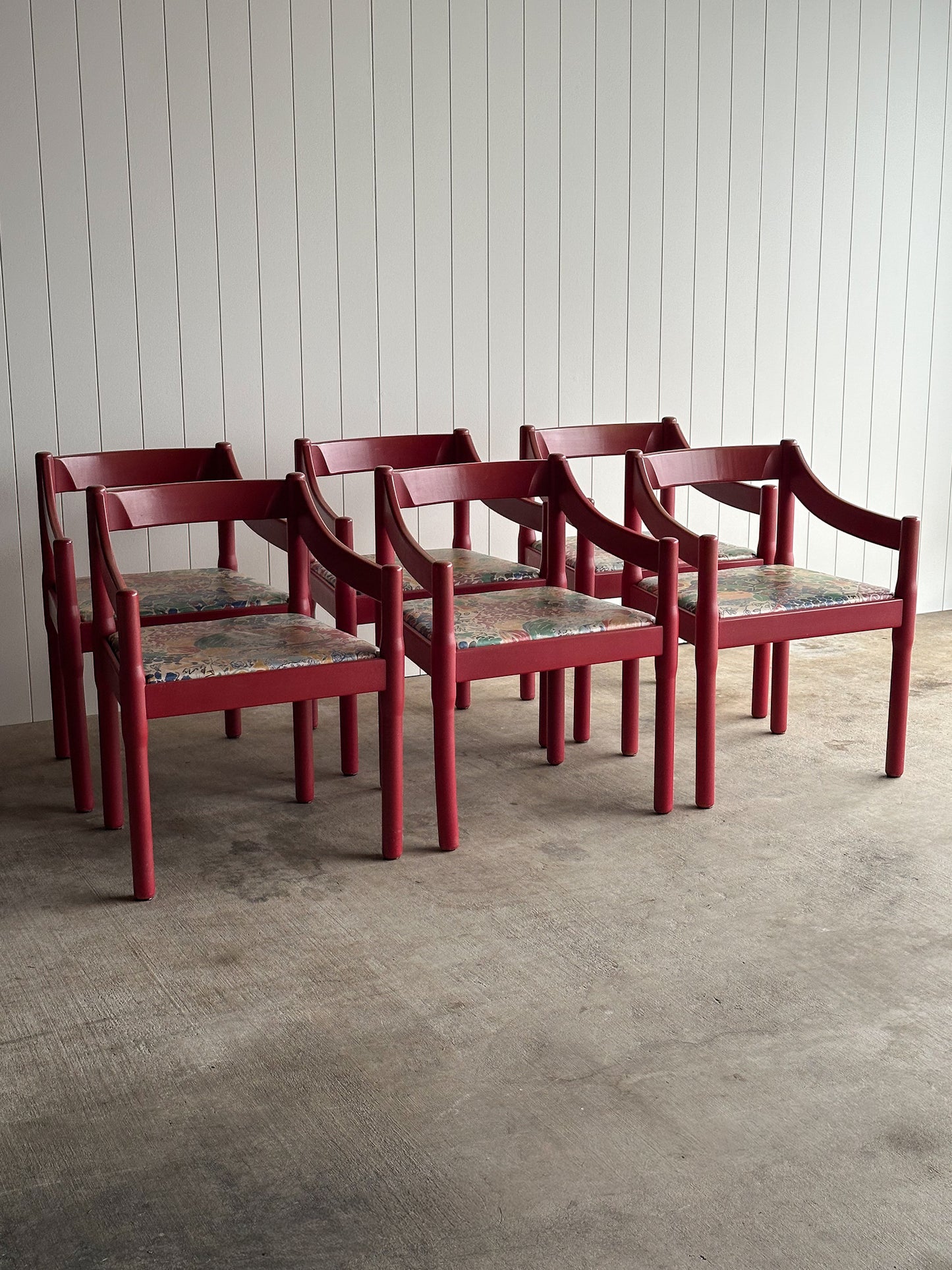 Set of Six Vintage Red Lacquered Dining Armchairs, Attributed to Vico Magistretti