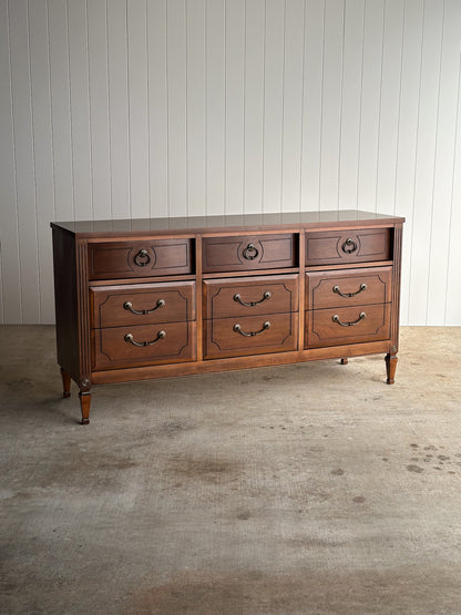 Vintage Ward Walnut Nine-Drawer Triple Dresser with Fluted Details