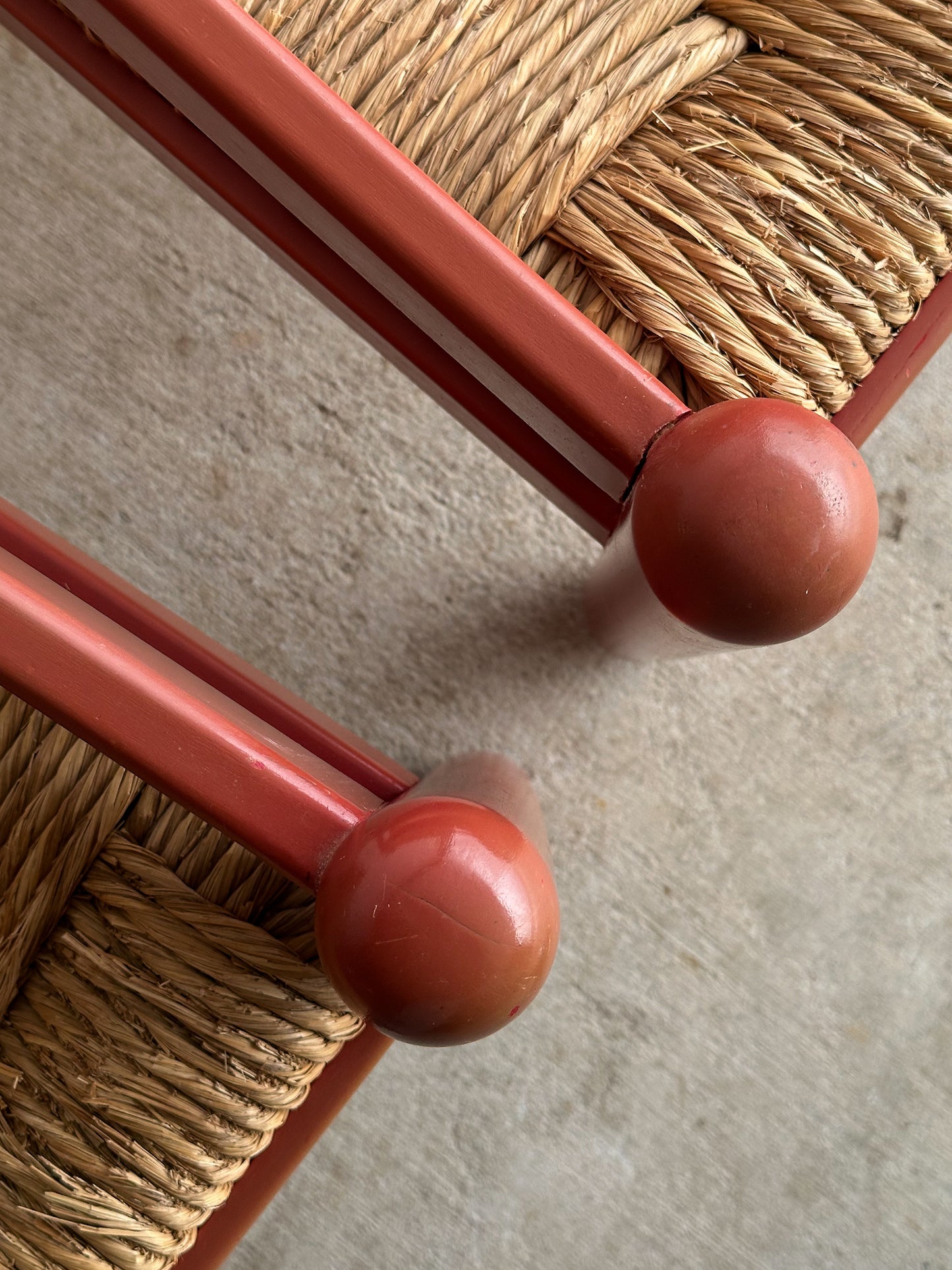 Pair of Vintage Red Lacquered Rush Lounge Chairs, Attributed to Vico Magistretti