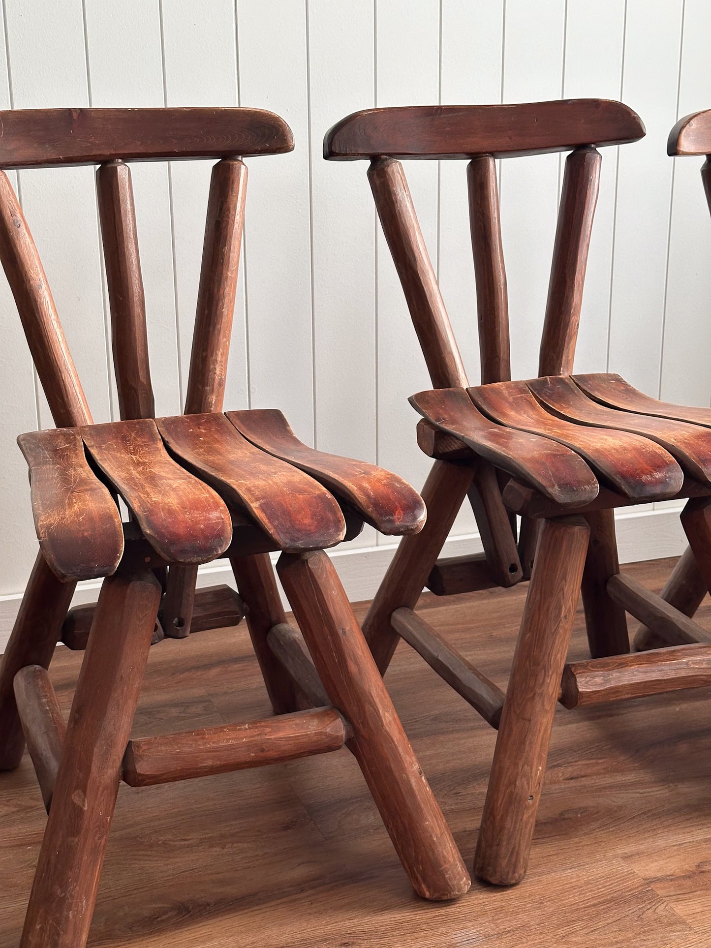 1960s Vintage Brutalist Wabi-Sabi Wood Dining Chairs, Set of Four