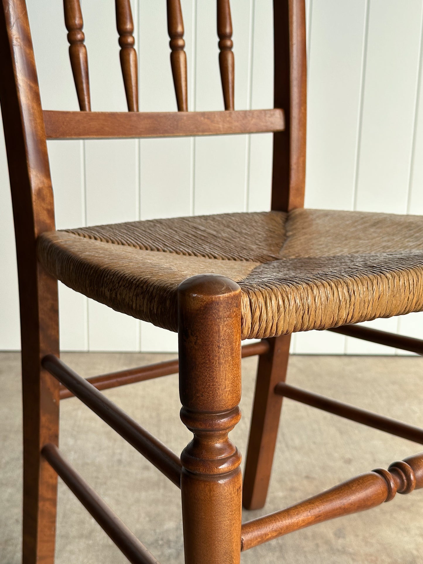 Vintage Maple Dining Chairs With Hand-Woven Rush Seats, Set of Six