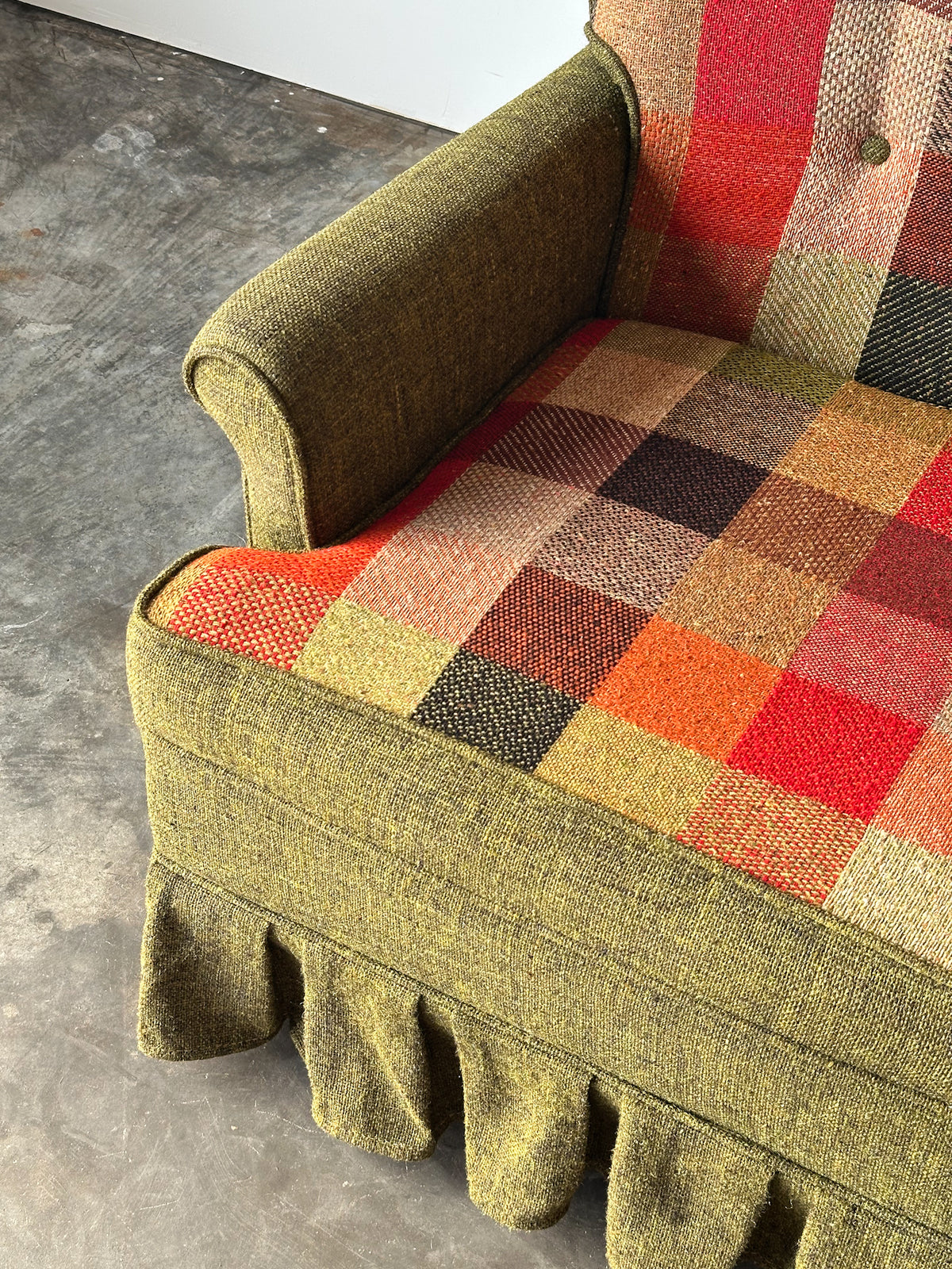 Olive Tweed Swivel Rocker with Patchwork Plaid Upholstery, 1970s