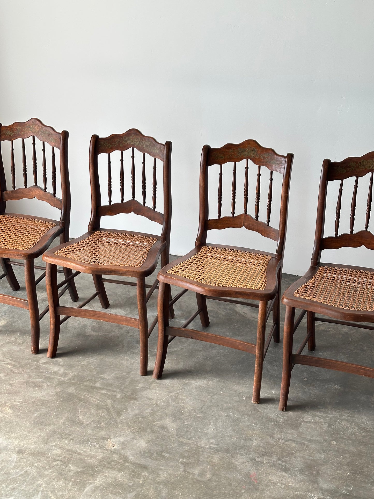 Antique Set of 4 Turned-Spindle Cane Seat Dining Chairs