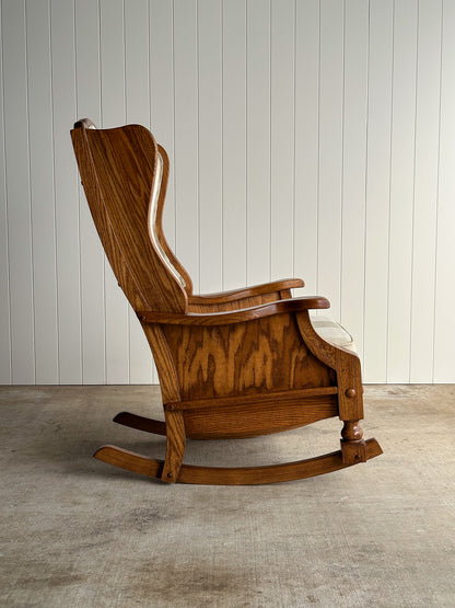 Studio Craft Oak Wingback Rocking Chair With Carved Rail, C. 1970s
