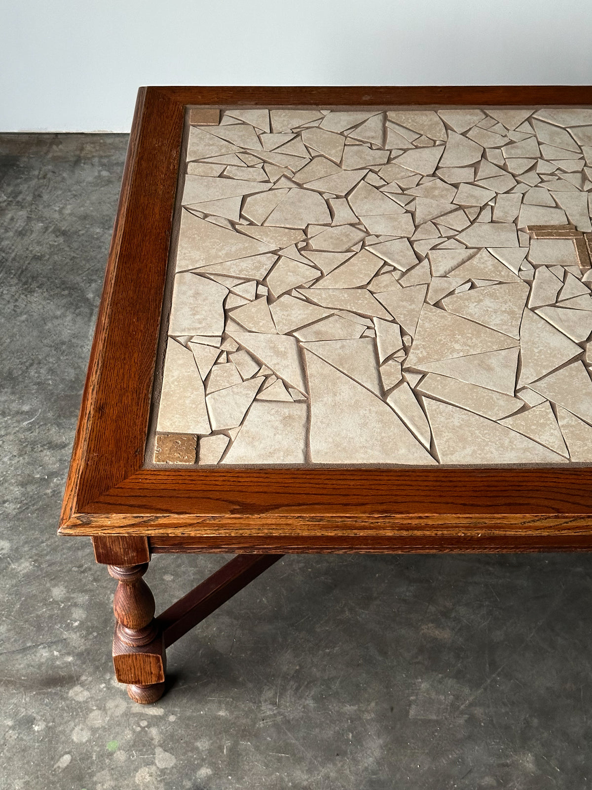 Hand-Laid Stone Mosaic Coffee Table on Vintage Oak Trestle Base