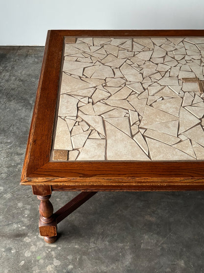 Hand-Laid Stone Mosaic Coffee Table on Vintage Oak Trestle Base