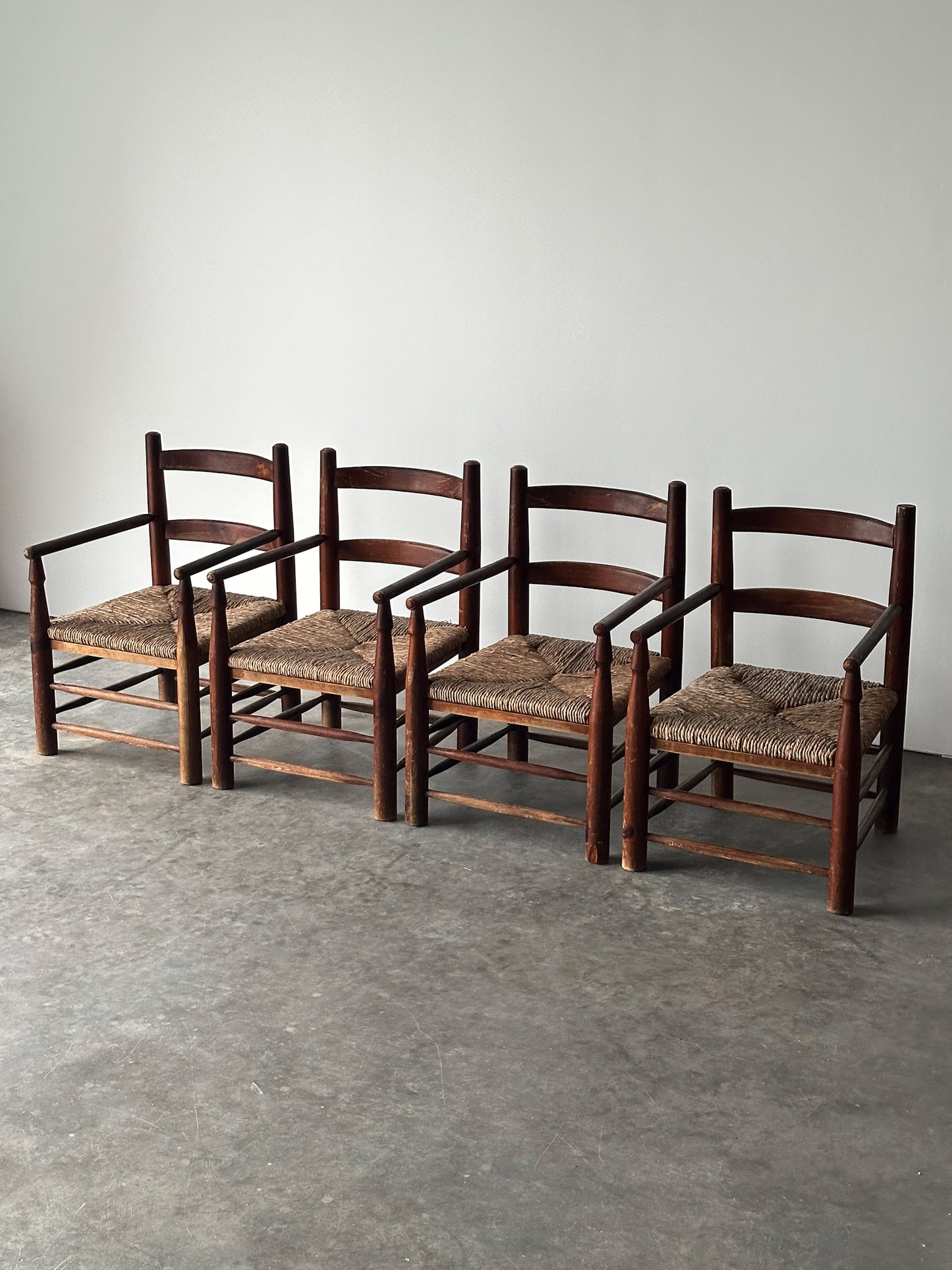 Rustic Pine Hearth Armchairs, France, Mid-20th Century, Set of Four
