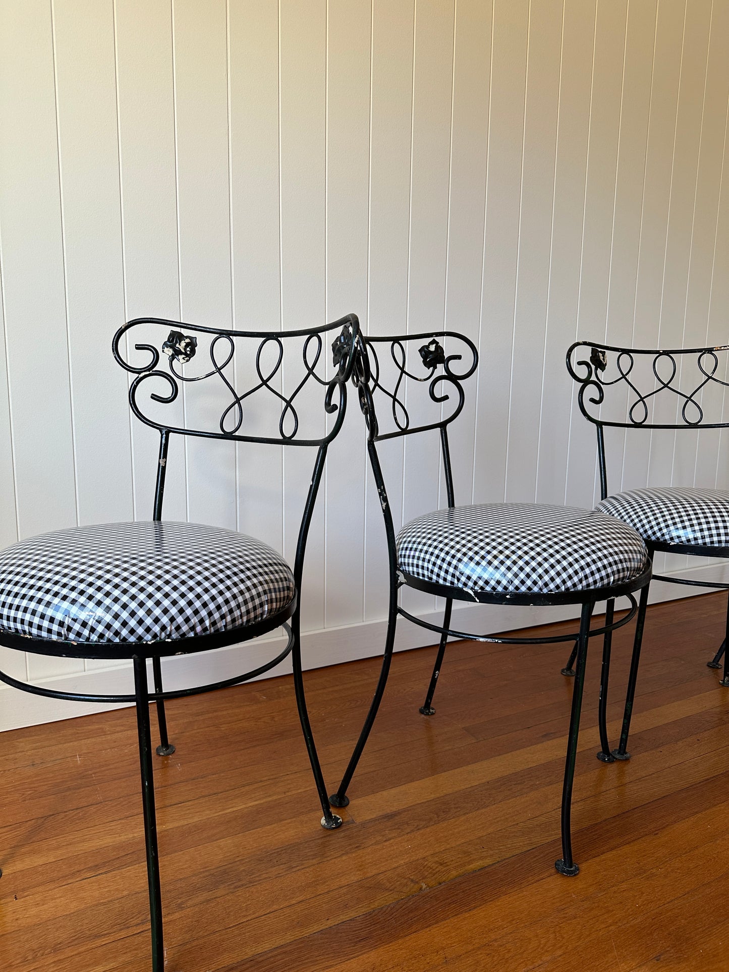 Vintage Wrought Iron Dining Chairs With Gingham Seats, Set of Four