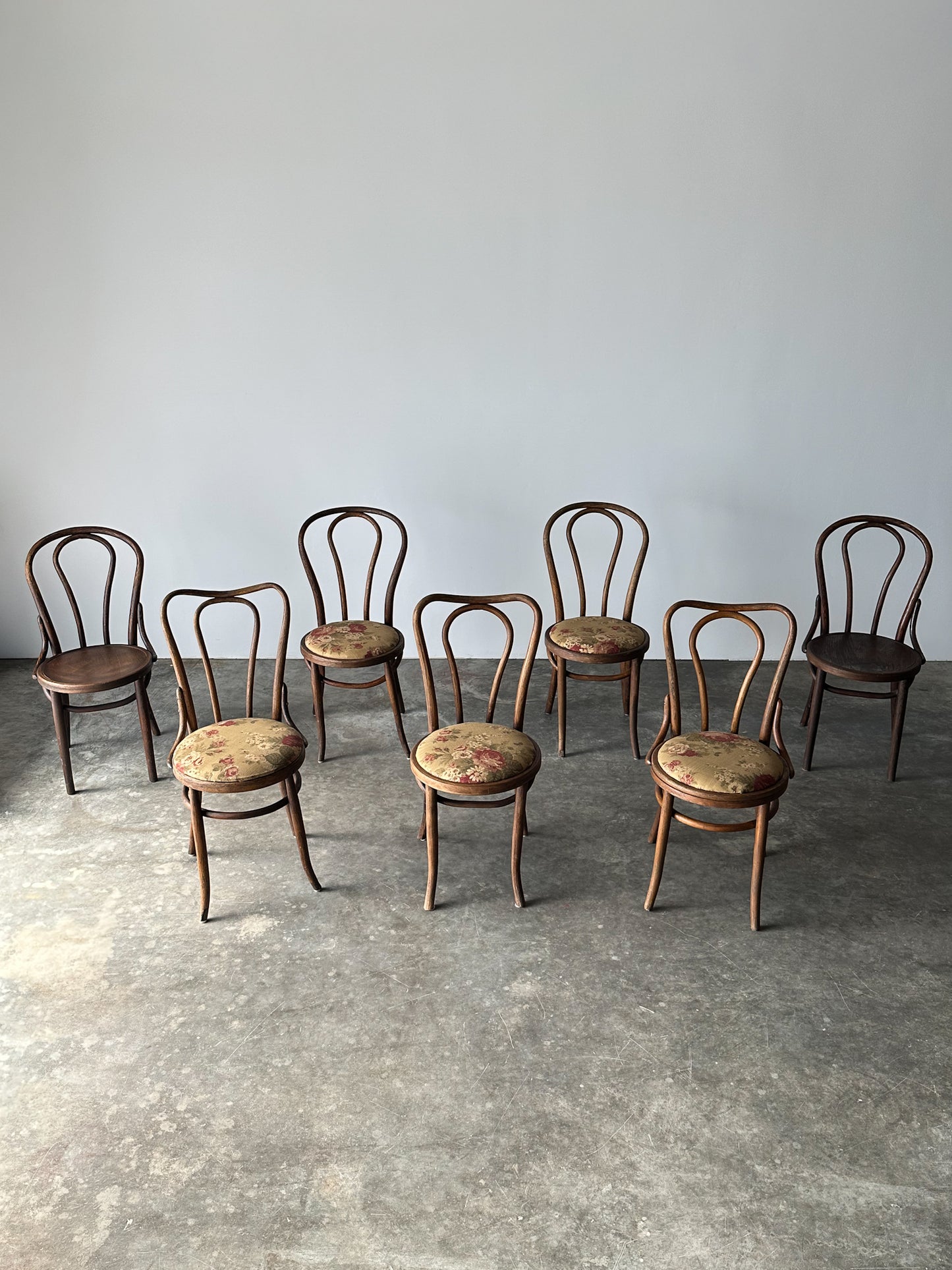 Bentwood Oak Café Chairs W/ Rose Floral Seats, 1933 World's Fair, Set of 7