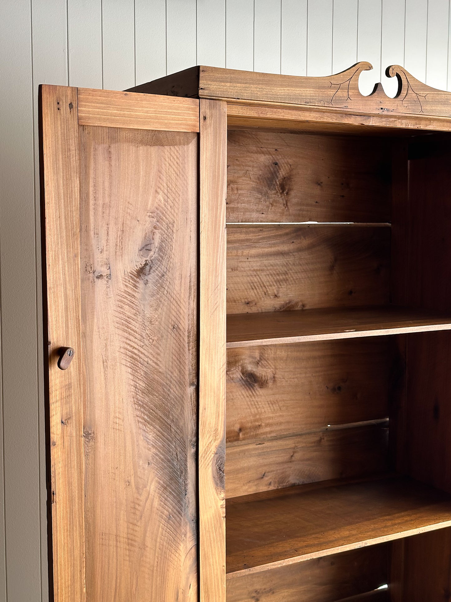 Antique Pine Cupboard Cabinet With Carved Crest