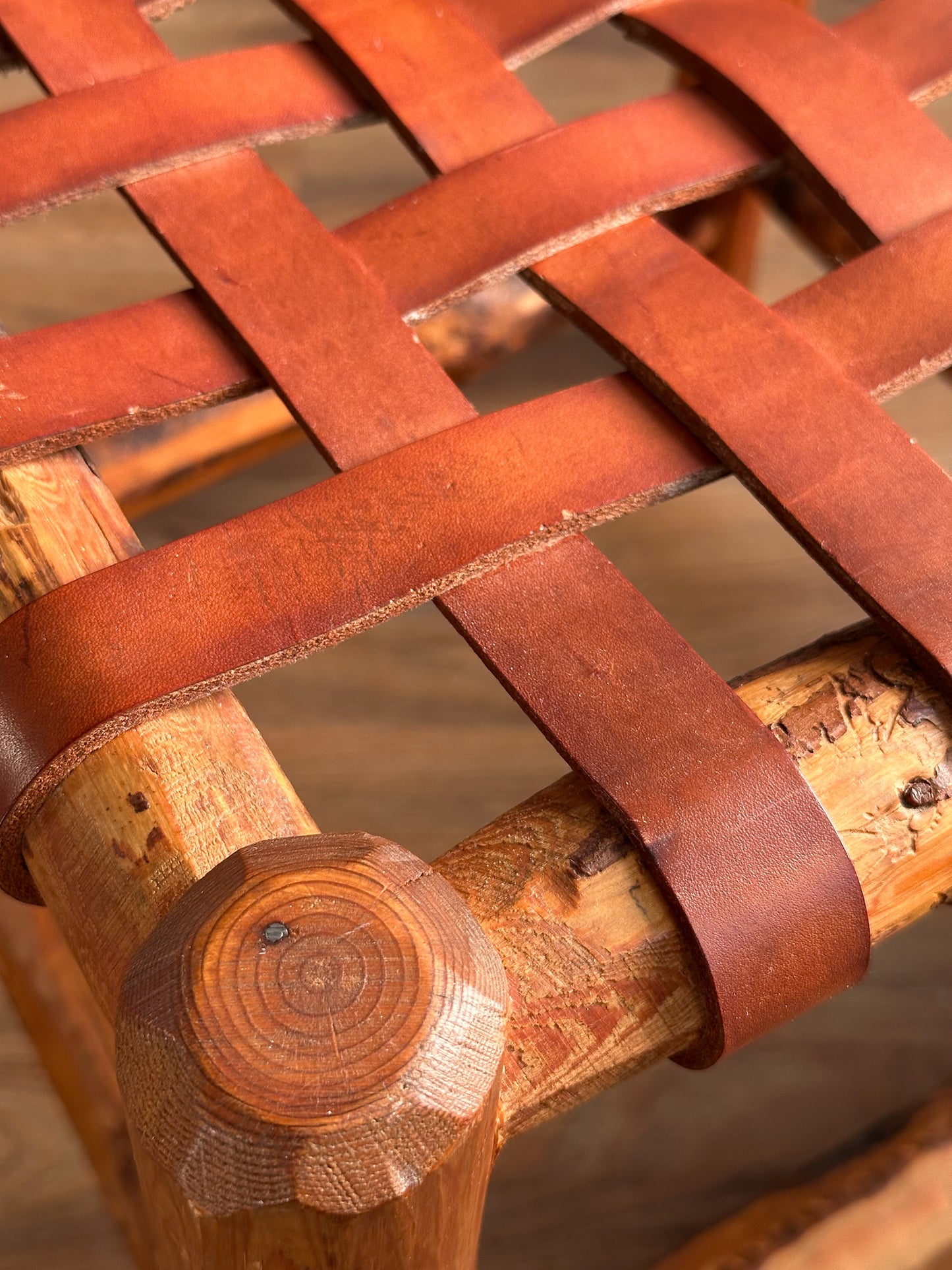 1940s Tuscan Leather Strap & Wood Dining Chairs, Set of Four