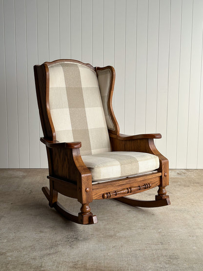 Studio Craft Oak Wingback Rocking Chair With Carved Rail, C. 1970s