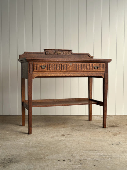 Antique Quarter Sawn Oak Console Table with Carved Gallery Back
