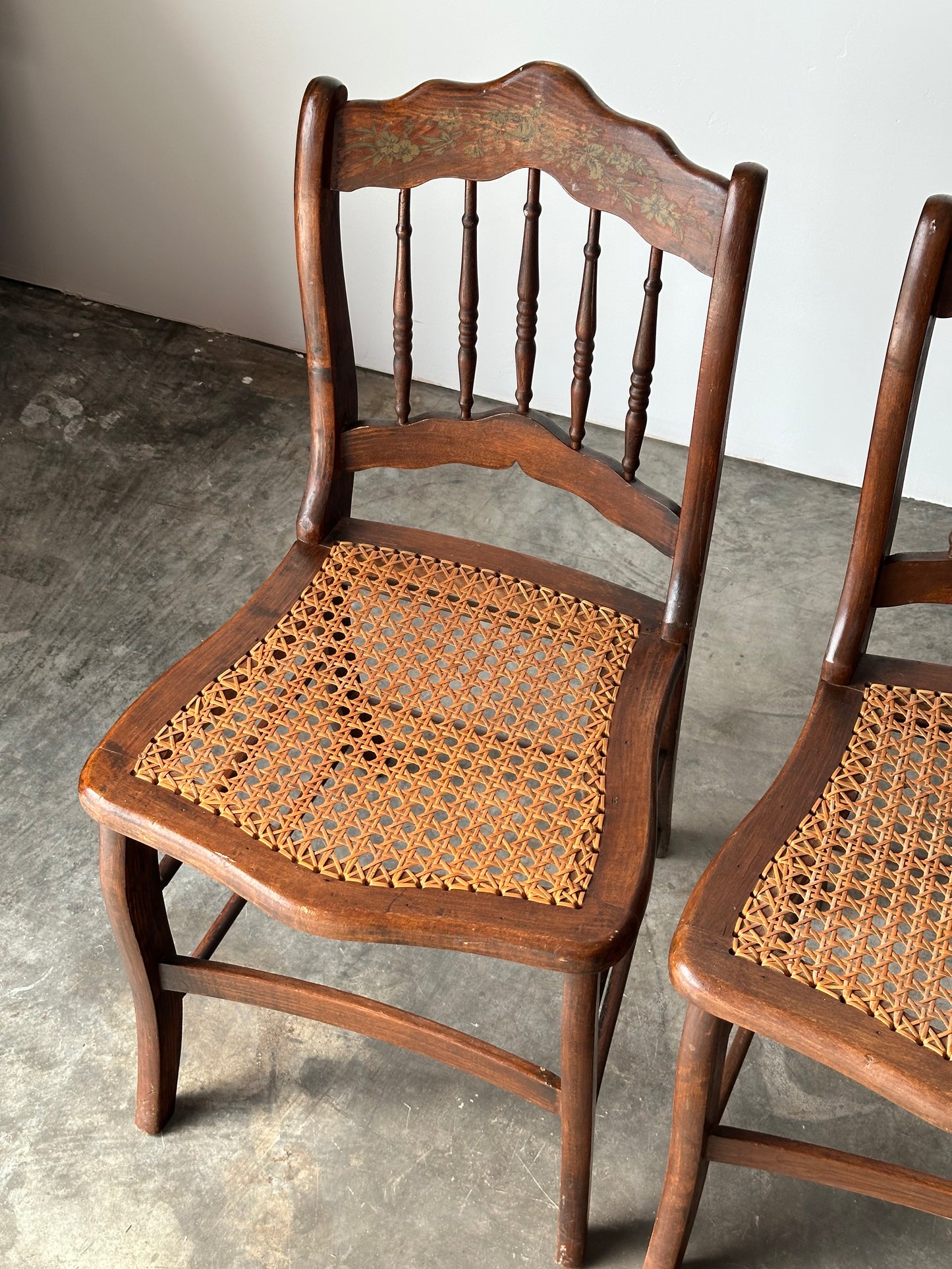 Antique Set of 4 Turned-Spindle Cane Seat Dining Chairs