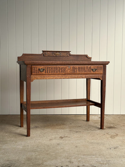 Antique Quarter Sawn Oak Console Table with Carved Gallery Back
