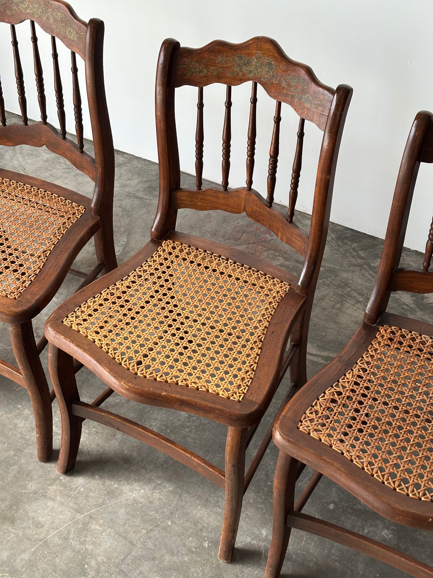 Antique Set of 4 Turned-Spindle Cane Seat Dining Chairs