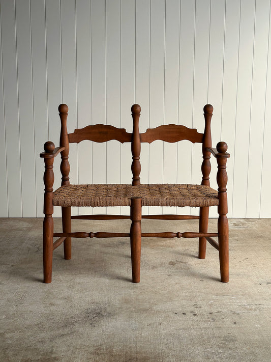 Turned Wood Double Bench with Woven Cord Seat and Finials, C. 1950