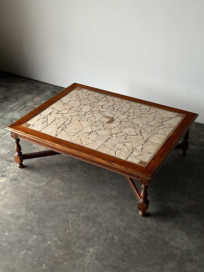 Hand-Laid Stone Mosaic Coffee Table on Vintage Oak Trestle Base