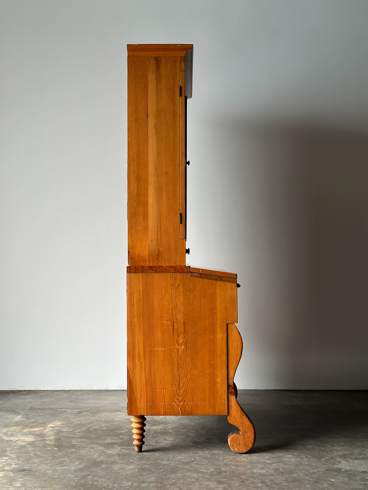 Pine Fall-Front Secretary Desk with Glass-Front Bookcase, Circa 1840s