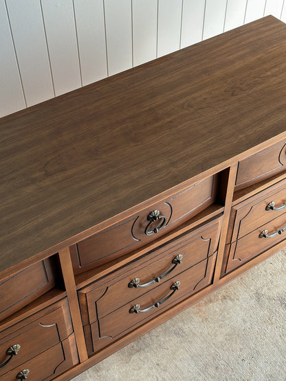 Vintage Ward Walnut Nine-Drawer Triple Dresser with Fluted Details