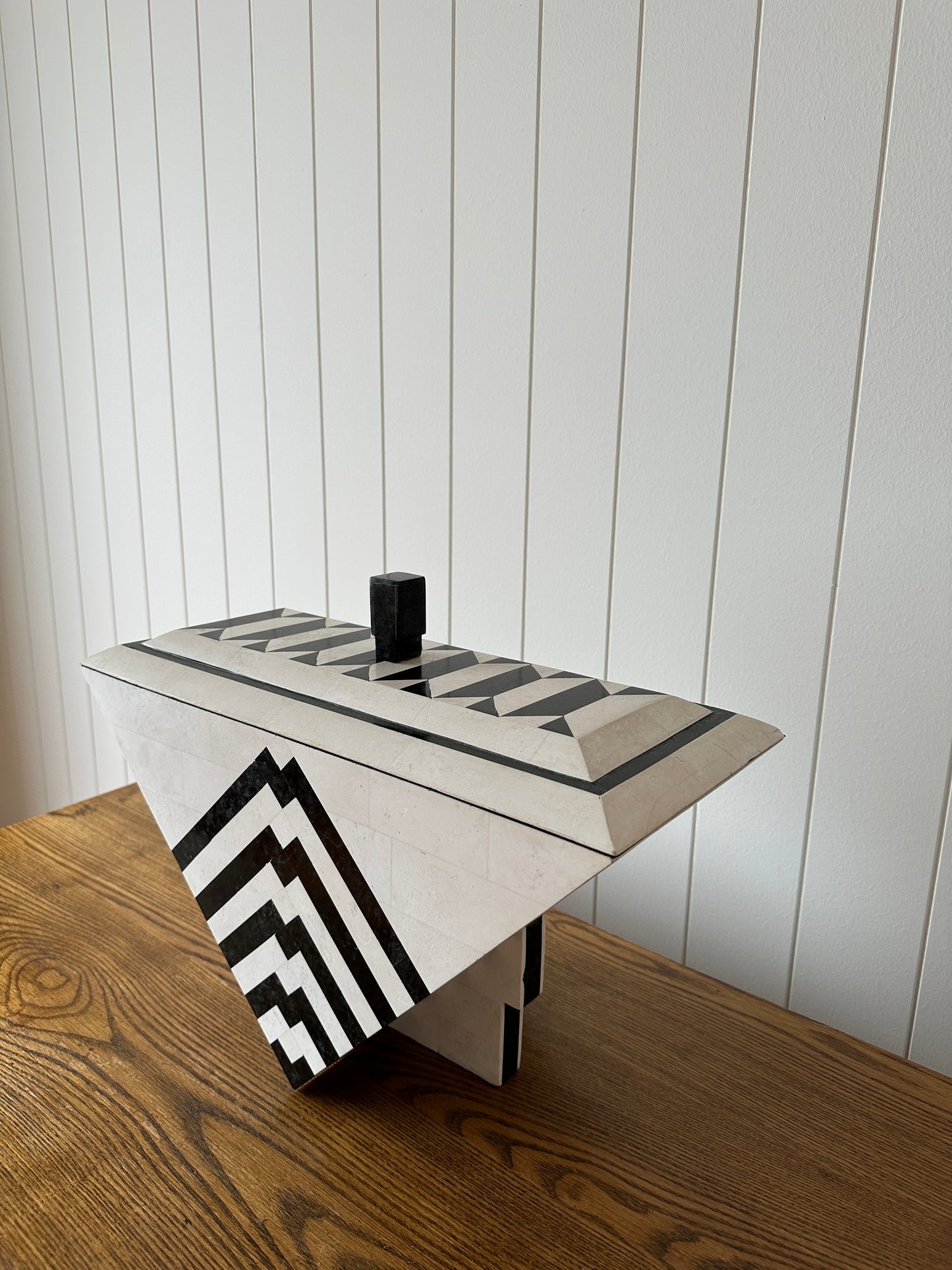 Vintage Maitland-Smith Tessellated Mactan Stone Box With Marble and Brass Inlay