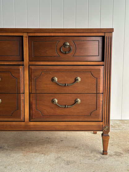 Vintage Ward Walnut Nine-Drawer Triple Dresser with Fluted Details