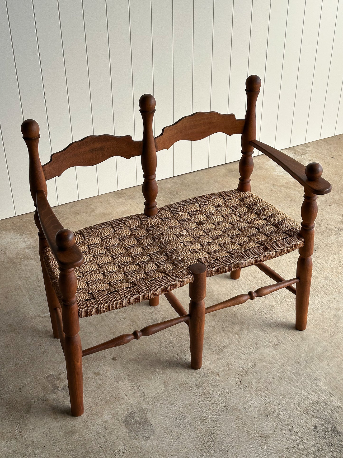 Vintage Sculptural Turned Wood Double Bench with Woven Rope Seat, c. 1950