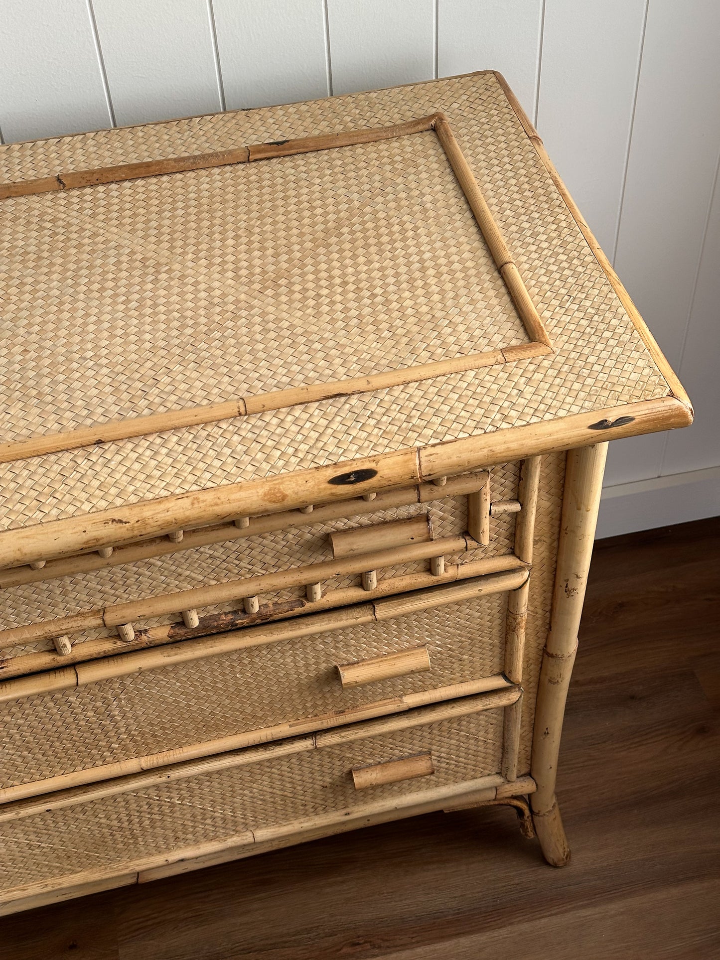 Vintage Coastal Woven Rattan Six-Drawer Dresser