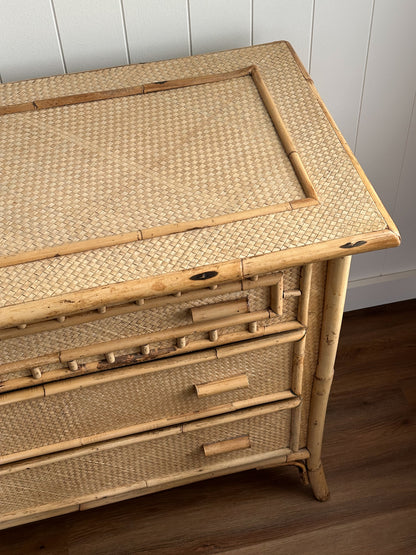 Vintage Woven Rattan Six-Drawer Dresser