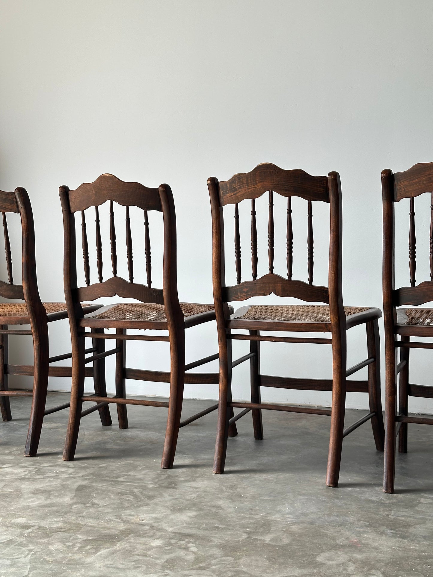 Antique Set of 4 Turned-Spindle Cane Seat Dining Chairs