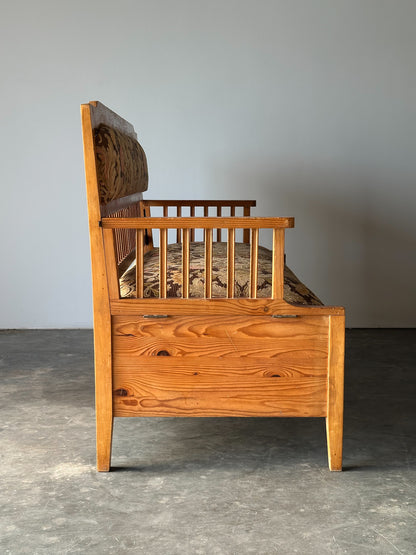 Pine Bench Fold-Out Daybed With Hidden Storage, Central Europe, 19th Century