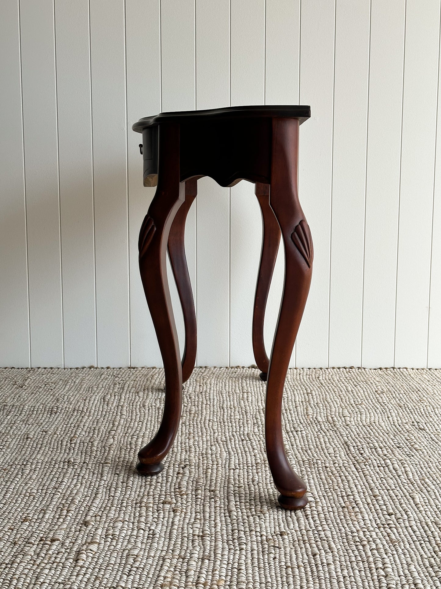 Vintage Mahogany Entry Console Table with Shaped Front and Brass Pull