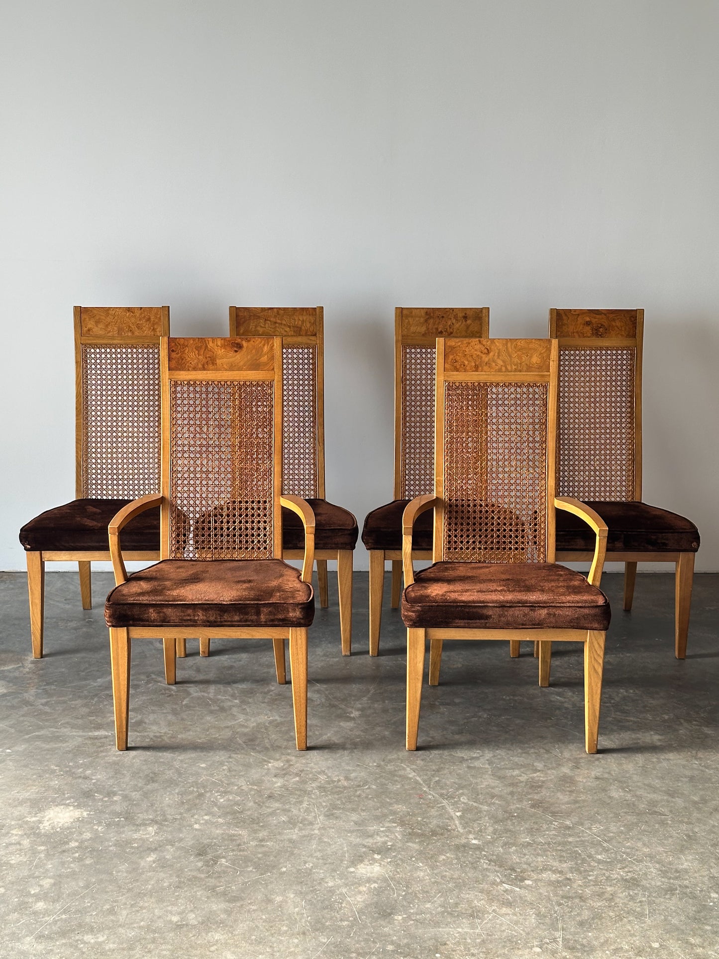 Set of 6 Milo Baughman Style Cane Back Burl Dining Chairs by Lane, 1970s