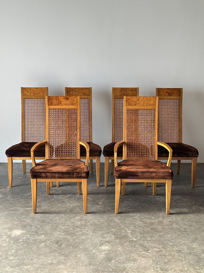 Set of 6 Milo Baughman Style Cane Back Burl Dining Chairs by Lane, 1970s