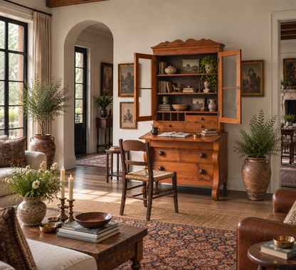 Pine Fall-Front Secretary Desk with Glass-Front Bookcase, Circa 1840s
