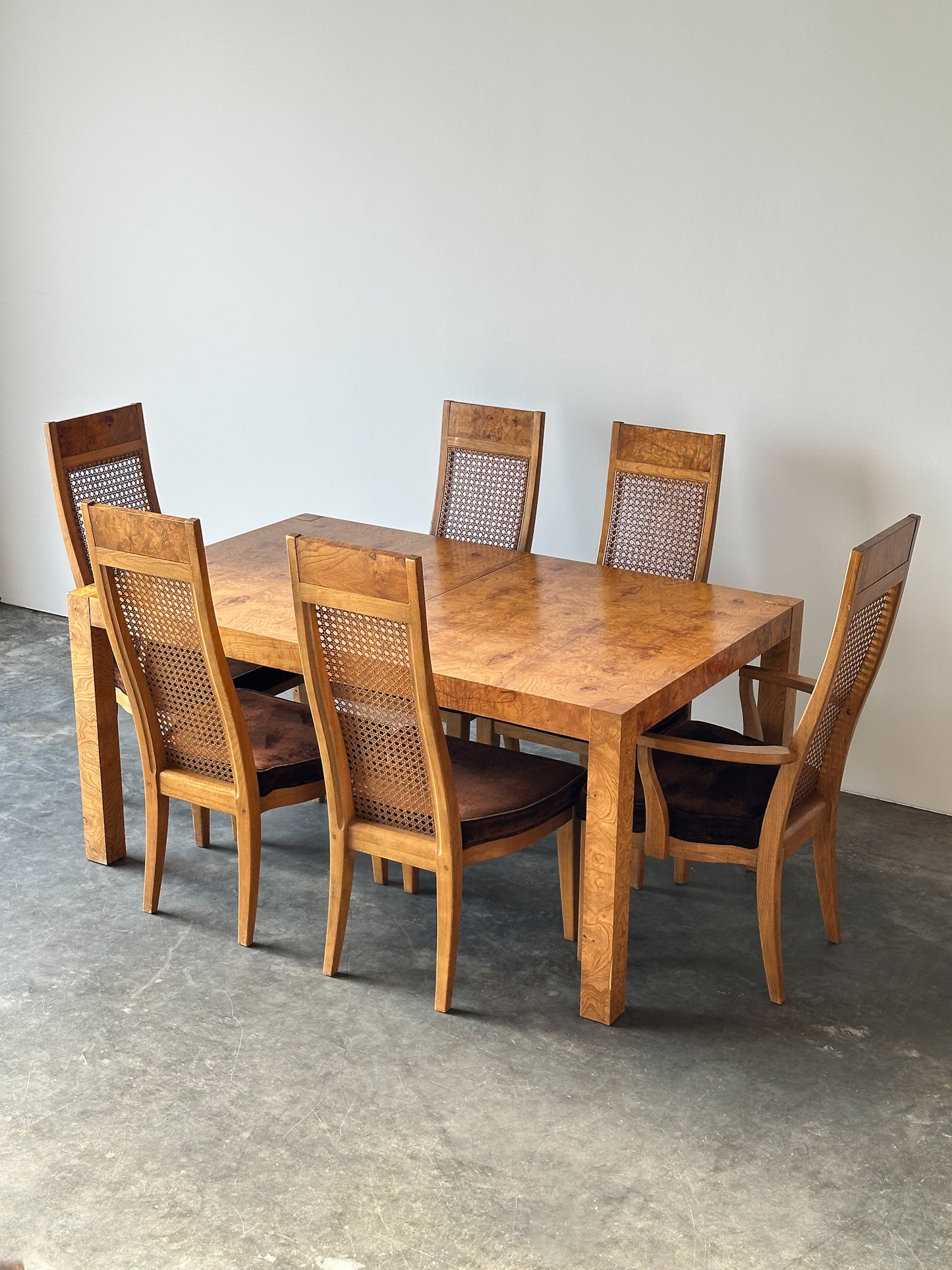 Set of 6 Milo Baughman Style Cane Back Burl Dining Chairs by Lane, 1970s