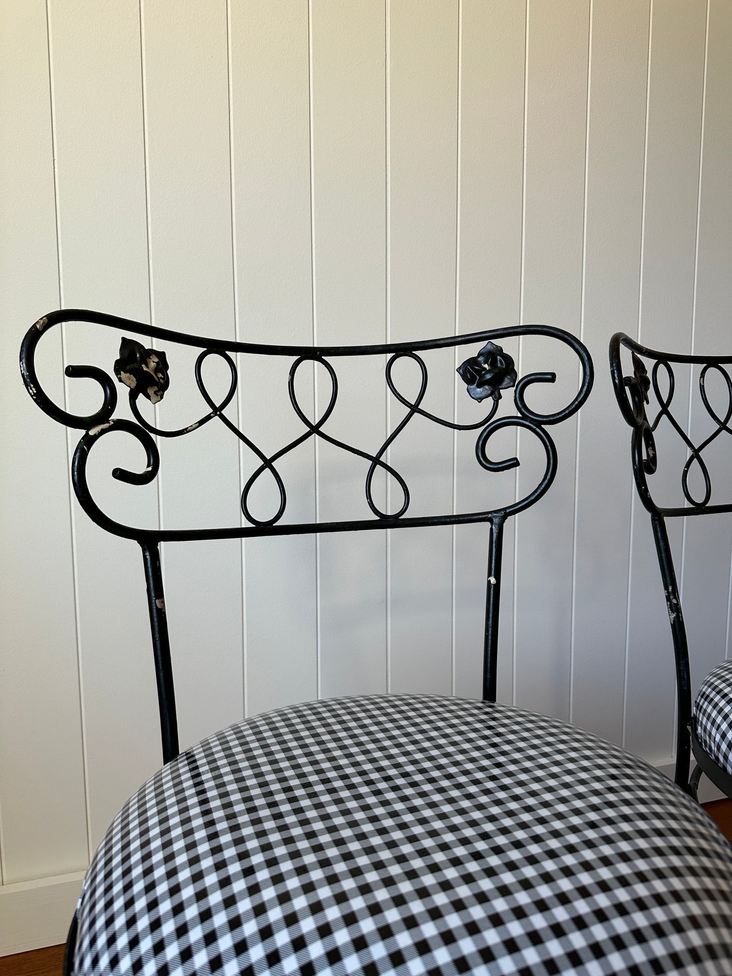 Vintage Wrought Iron Dining Chairs With Gingham Seats, Set of Four